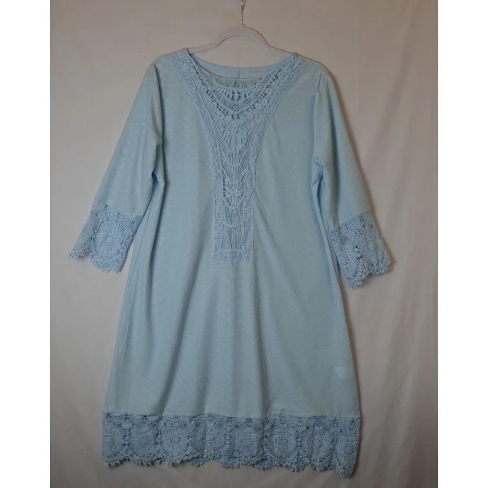 Swimsuit Cover Up Women Plus 1XL Blue Lace Crochet 3/4 Sleeves Resort Wear Beach